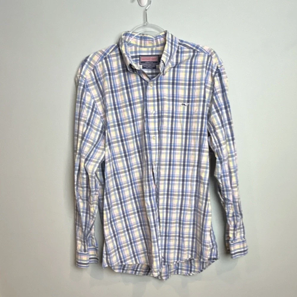 Vineyard Vines Plaid Button-Down Shirt Men's L Blue Yellow Cotton Slim Fit